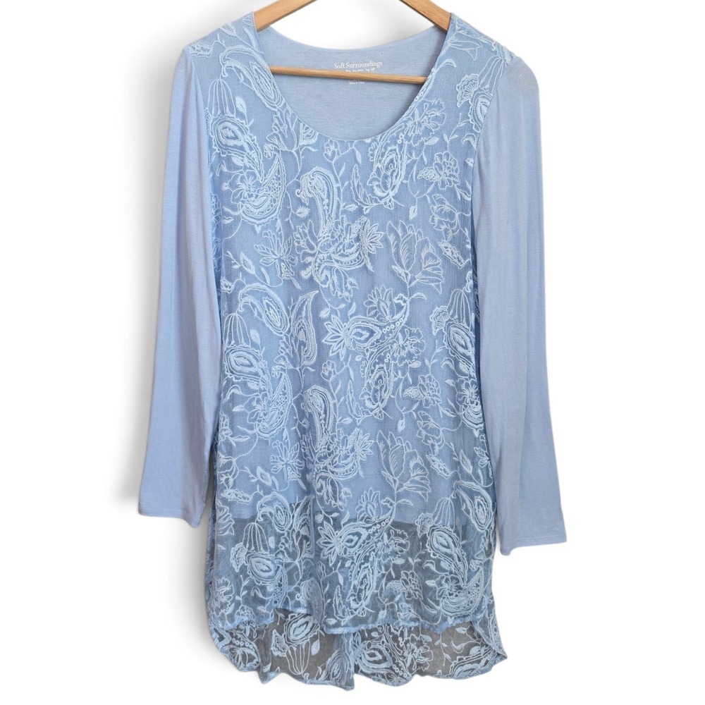 Soft Surroundings Top Womens Small Blue Adele Silk Lace Tunic Blouse Long Sleeve